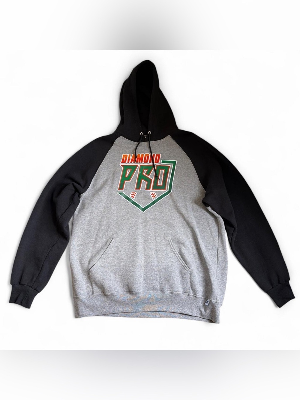 Russell Athletic Gray & Black Raglan Hoodie with Green & Orange Logo